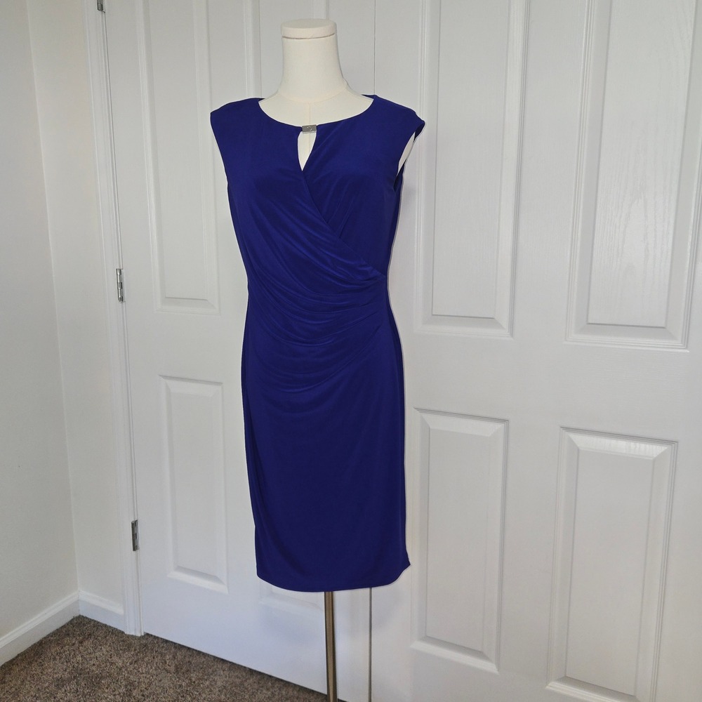 Lauren Ralph Lauren Sheath Dress Women 10P Cobalt Blue Ruched Keyhole Sleeveless